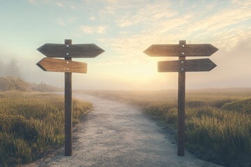 Wooden Signs at a Path in Misty Landscape
