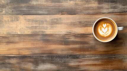 A cup of coffee with latte art on a wooden surface
