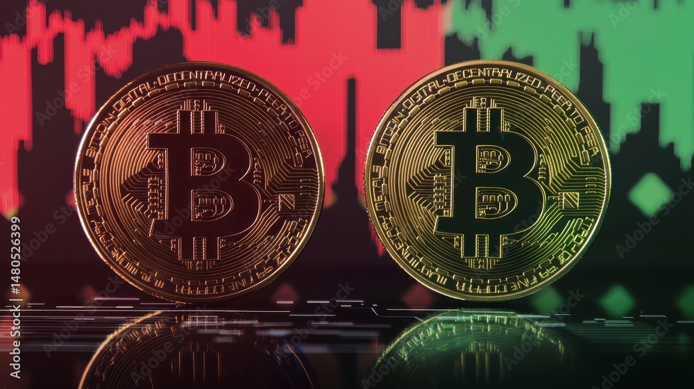 Poster Two gold Bitcoin cryptocurrency coins reflecting on a surface against a dynamic price chart background.
