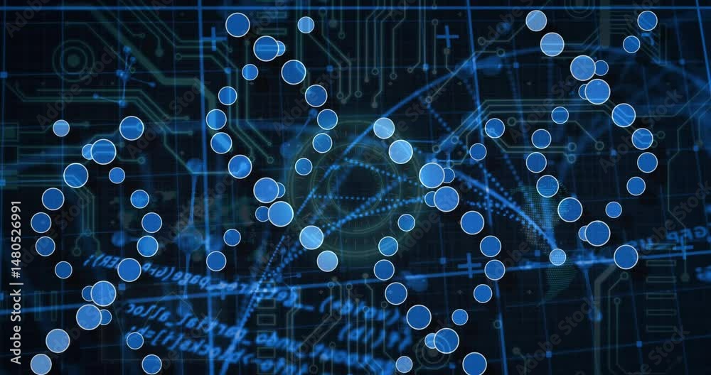 Poster glowing blue circular nodes floating across grid, showing pulsing data streams and circuit traces