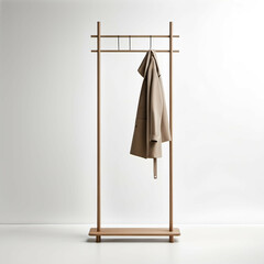 Minimalist coat rack with vertical poles and neutral tones, standing alone on white background