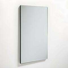 Slim rectangular mirror with frameless edges, leaning against a white wall on white background