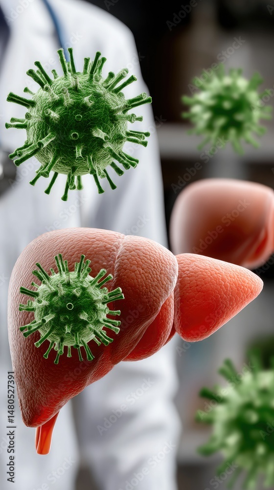 Fototapete detailed 3d rendering of a human liver affected by hepatocellular carcinoma with visible coral green