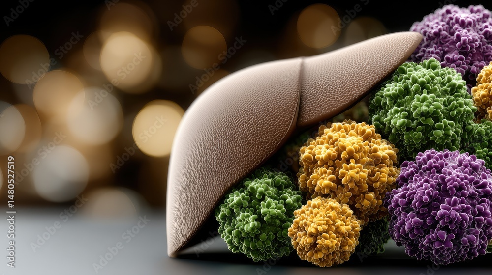 Fototapete detailed 3d rendering of a human liver affected by hepatocellular carcinoma with visible coral green