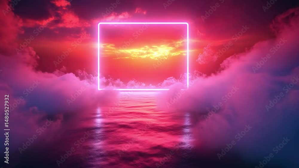 Wall mural neon square and cloudscape: a captivating artistic image showcasing a glowing neon square nestled in