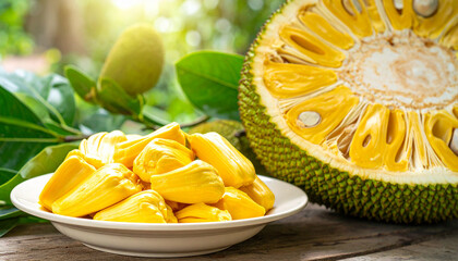 Freshly harvested ripe jackfruit bulbs in a white plate, vibrant golden yellow, with a large spiky green jackfruit cut open in the background, showcasing seeds and fibrous pods in natural light.