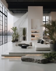 Modern living room interior design showcasing minimalist aesthetic with plants and city view from large windows