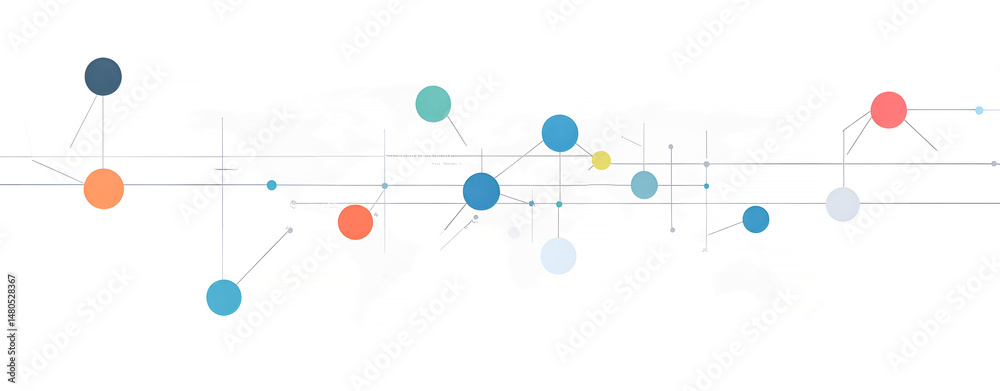 Poster abstract illustration of a network showing connections and information flow with colorful circular n