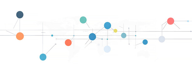 Abstract illustration of a network showing connections and information flow with colorful circular nodes on white background