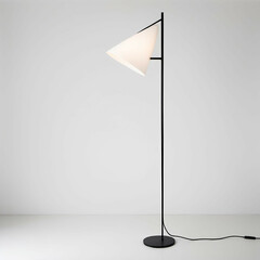 Minimal floor lamp with slim black frame and cone-shaped shade, white background, side view