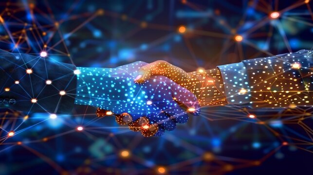 Business handshake representing global partnerships, teamwork, and digital connections in finance