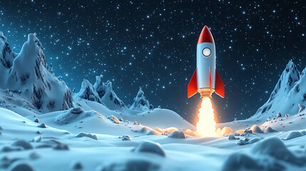 A minimalistic and cute rocket launches upwards, set against a plain background with ample caption space on the side. The simple design conveys a sense of excitement and innovation, perfect for space-