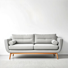 Fototapeta premium Scandinavian-style sofa in light gray fabric, minimalist design, isolated on white background