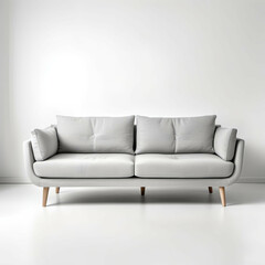 Fototapeta premium Scandinavian-style sofa in light gray fabric, minimalist design, isolated on white background