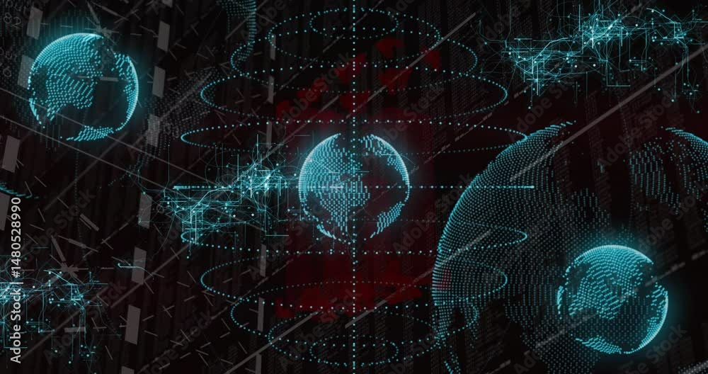 Poster floating holographic globes rotating over dark code panels, highlighting red grid and node clusters