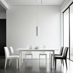 Sleek minimalist dining table with four matching chairs, all-white composition