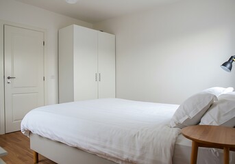 Bright bedroom interior with white bedding, wardrobe, door, and bedside table