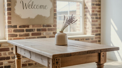 Rustic debunk brick paries with a worn farmhouse table minimalist design with beige tan and white col 