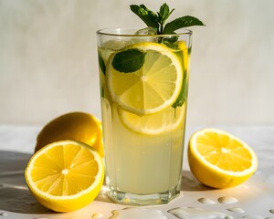 Refreshing Homemade Lemonade with Mint and Lemon Slices in a Glass