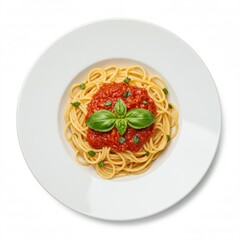 Spaghetti with Tomato Sauce and Basil on White Plate