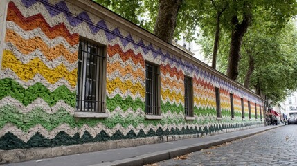 Obraz premium Colorful Zigzag Wall Art in City Street - Vibrant zigzag pattern painted on a long city wall, adding a cheerful pop of color to the urban landscape. Windows are visible along the wall