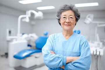 Obraz premium Confident Senior Dentist in Clinic - A portrait of a smiling senior Asian woman dentist standing with arms crossed in her dental clinic