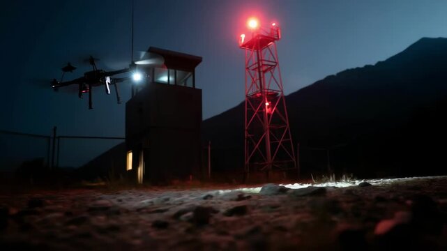 A nighttime scene featuring a radar system illuminated with bright LED lights detecting a faint signal of a rogue quadcopter while flashing warning indicators.