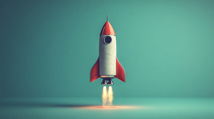 A minimalistic and cute rocket launches upwards, set against a plain background with ample caption space on the side. The simple design conveys a sense of excitement and innovation, perfect for space-