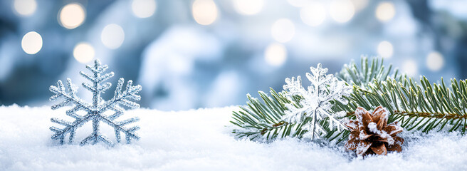 Sparkling snowflake decorations with pine and pinecone in winter snow with bokeh christmas background