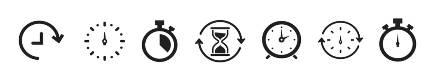 Clocks icons set. Set of timer clock and hourglass icon. Vector illustration. Timer Clock Alarm Sandglass watch collection.