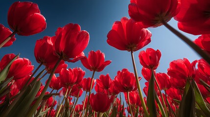 Red tulips against a bright blue sky, low angle