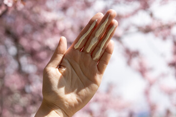 A person applying the correct amount of sunscreen for the face and neck – three finger lengths, with cherry blossom trees in the background. Concept of applying sunscreen in spring. 