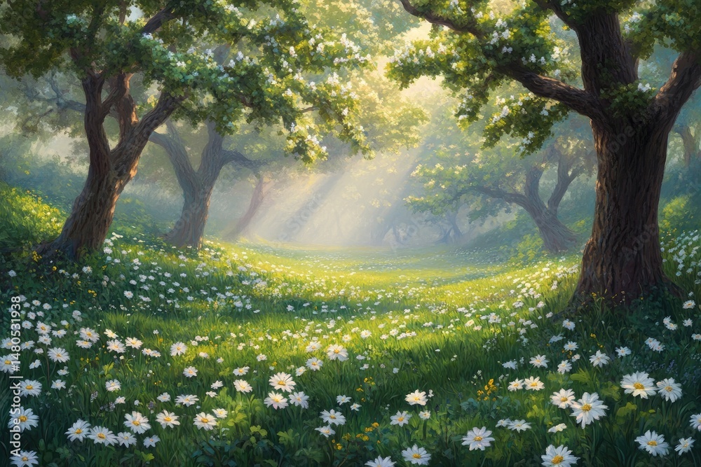 Wall mural sunlight streams through a meadow of daisies. lush trees line the path