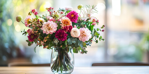 Colorful Flower Bouquet in Glass Vase on Table, Fresh Floral Arrangement for Home Decor, Bright and Vibrant Flowers  
