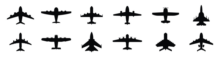 collection airplane silhouettes commercial military planes isolated white aircraft set