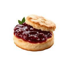 A close up of a scone with cherry jam filling and a small green leaf on a black background plain view