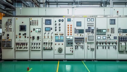 Industrial Control Panel with Various Gauges and Monitors