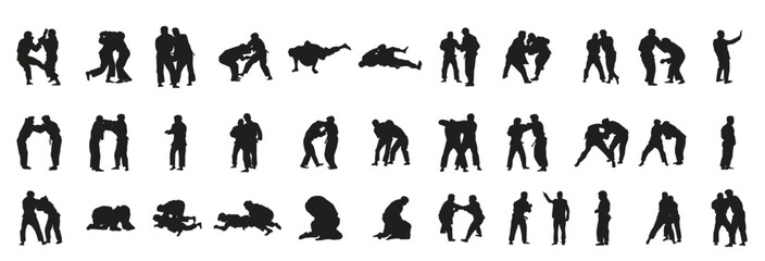 Set of Black Silhouettes of Judo Fighters