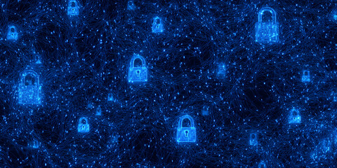 Abstract blue network with glowing padlock icons, symbolizing digital security, cybersecurity, and data protection