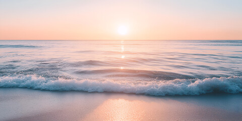 Sunset Over Calm Ocean Waves on Beach, Tranquil Seascape with Warm Colors, Peaceful Evening by the Sea  
