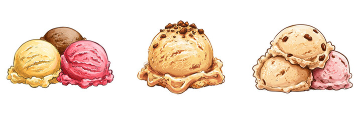 Three sets of ice cream scoops in various flavors displayed against a black background illustration on transparent background