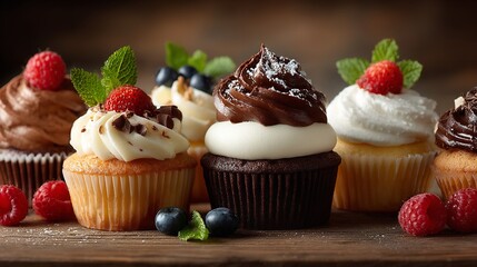 Assorted cupcakes with chocolate, cream, and fruit toppings on a rustic wooden background, delicious dessert flat lay for bakery or celebration themes