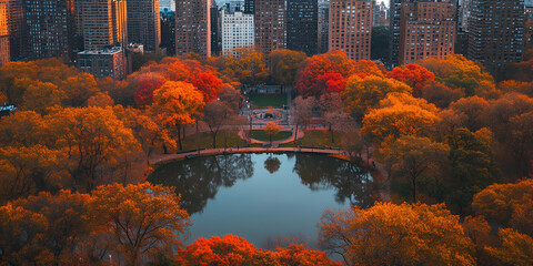 Autumn Park Aerial View with Colorful Trees and Pond, Fall Foliage Landscape, Scenic Nature in Autumn Season  
