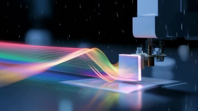 A detailed image of spectral analysis equipment beside a photonic neuralnetwork chip in a cleanroom demonstrating the interaction of light signals during the characterization process.