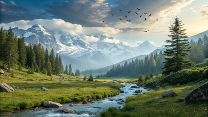 Majestic Mountain Landscape with Lush Pine Forest