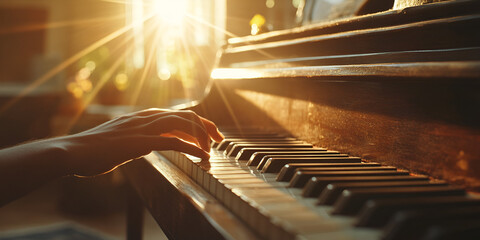 Hands Playing Piano with Warm Sunlight, Artistic Music Performance Close-up, Emotional Piano Practice Moment  

