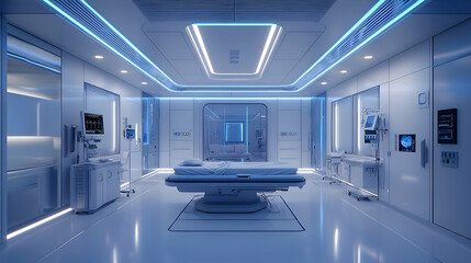 Futuristic, sterile medical room interior design.