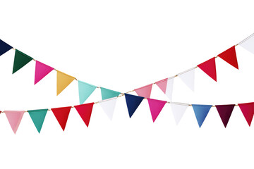 A vibrant display of colorful triangular bunting flags strung against a stark black background overhead view