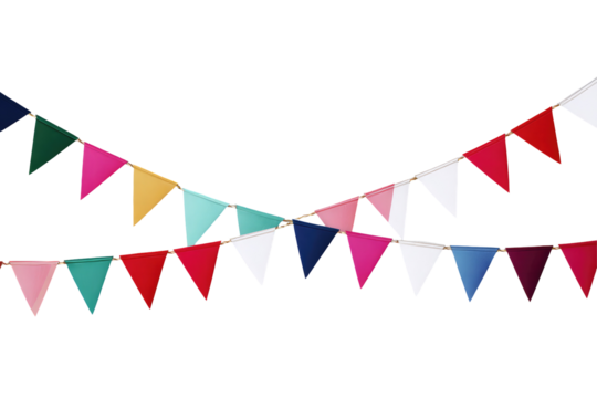 A vibrant display of colorful triangular bunting flags strung against a stark black background overhead view