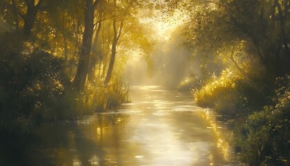 Obraz premium Golden sunlight streams through a tranquil forest waterway.